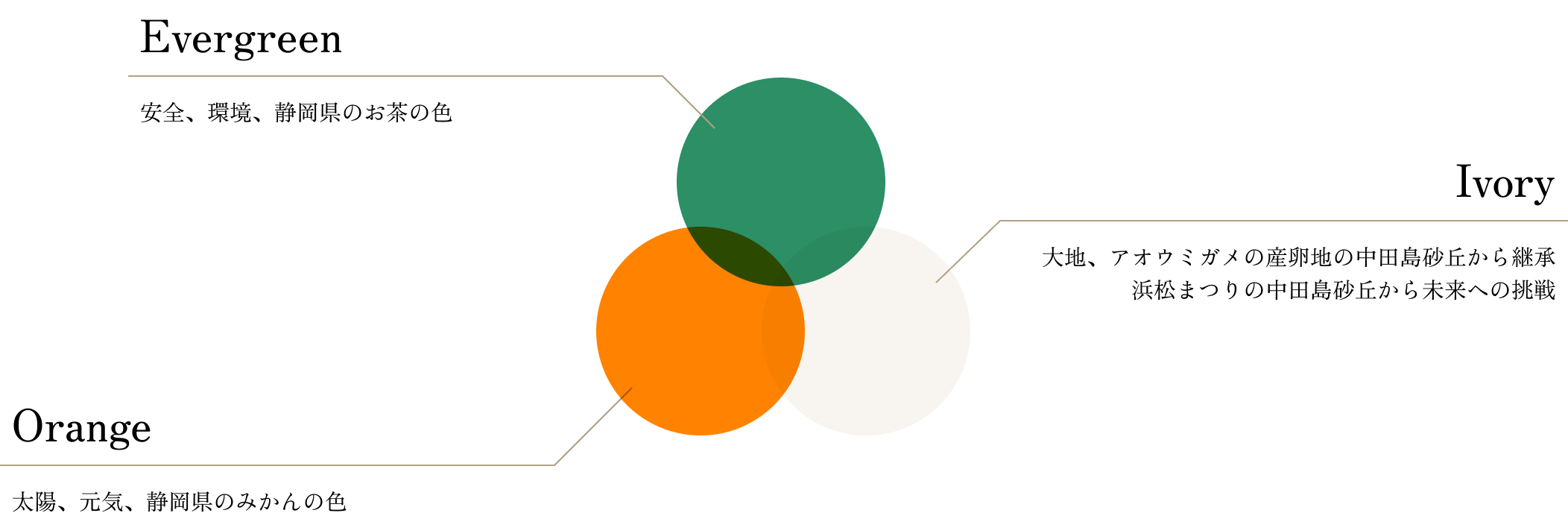 Evergreen：安全、環境、静岡県のお茶の色　Ivory：大地、アオウミガメの産卵地の中田島砂丘から継承 浜松まつりの中田島砂丘から未来への挑戦　Orange：太陽、元気、静岡県のみかんの色